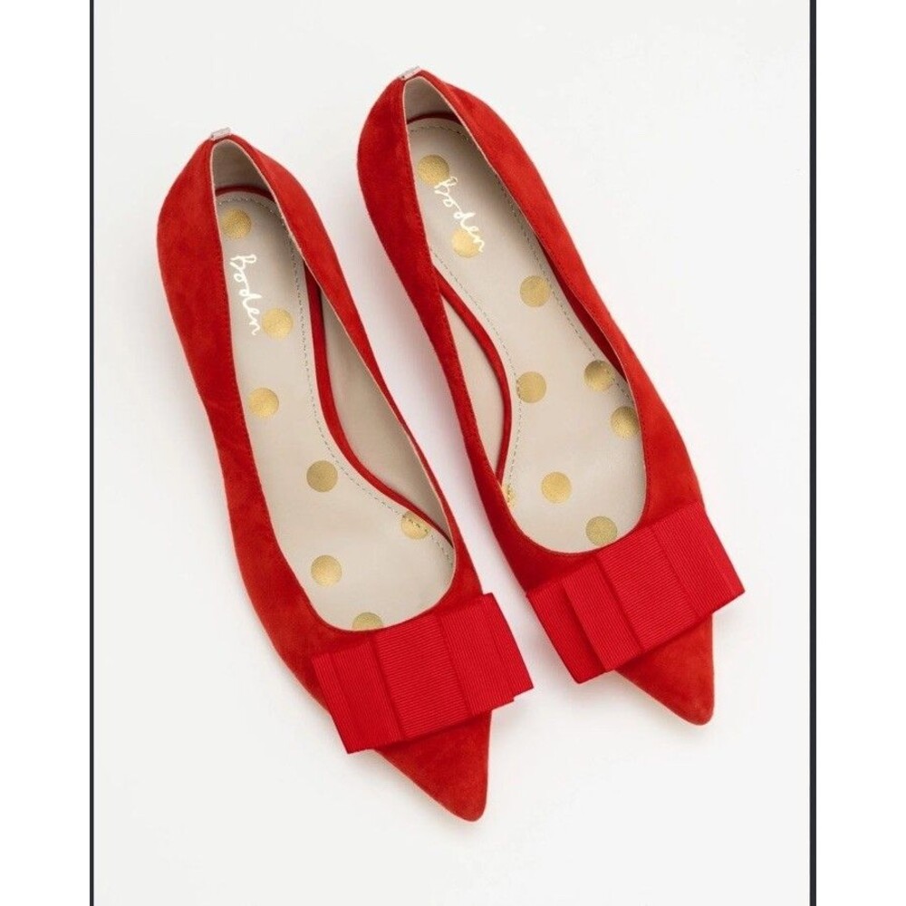 Boden Adelaide Kitten Heels EU 40 Red Suede Bow Coquette Preppy Pointed Toe